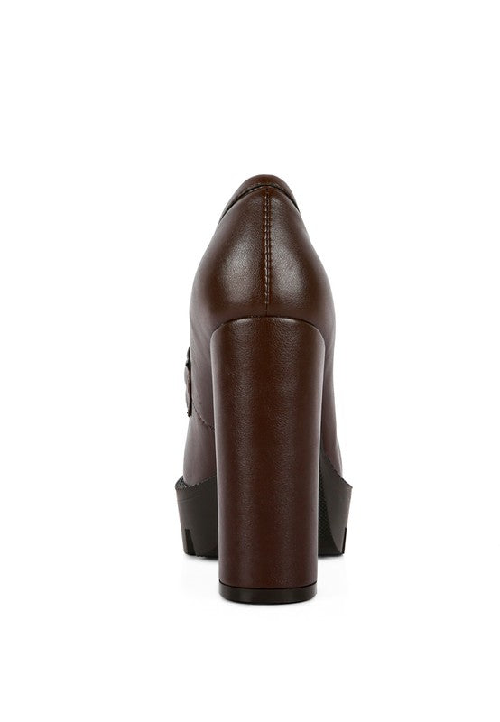 Chunky High Block Heeled Loafers, brown back view with high block heel