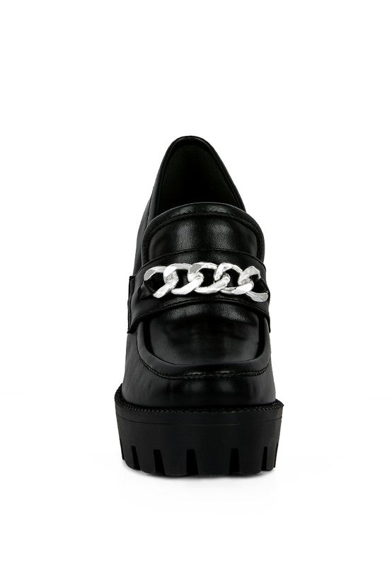 Chunky High Block Heeled Loafers in black, front view with chunky platform