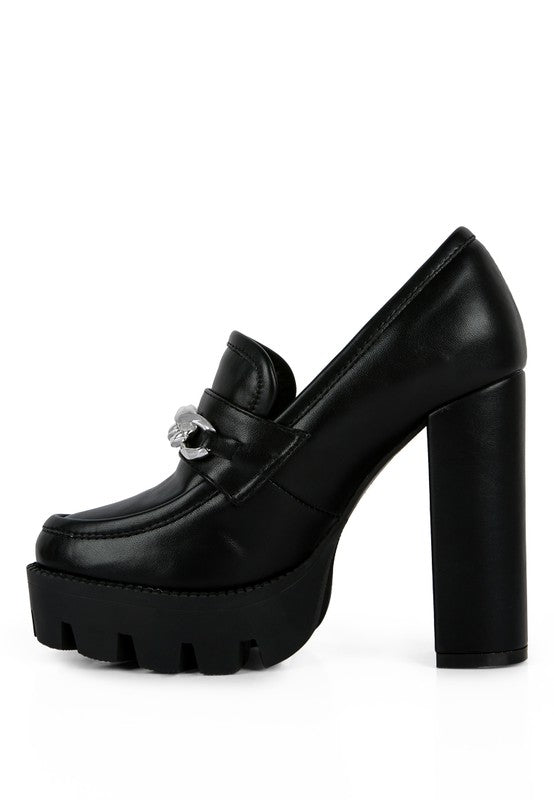 Chunky High Block Heeled Loafers, black side view with chain ornament