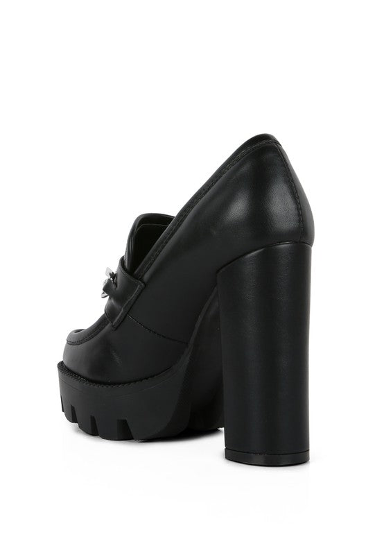 Chunky High Block Heeled Loafers, black side/back view with block heel