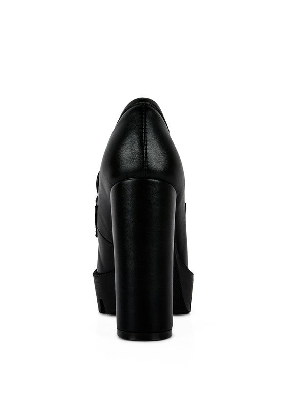 Chunky High Block Heeled Loafers, black rear view showing high block heel