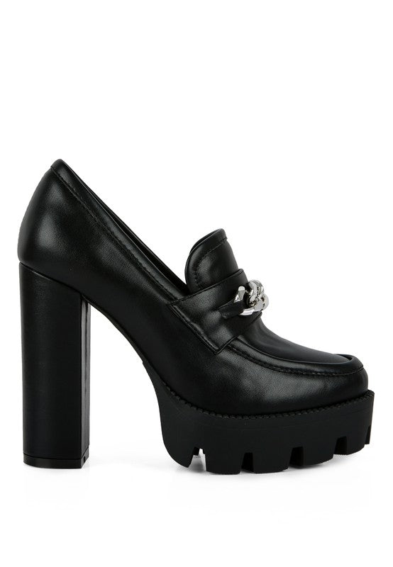 Chunky High Block Heeled Loafers in black, angled front view with platform sole
