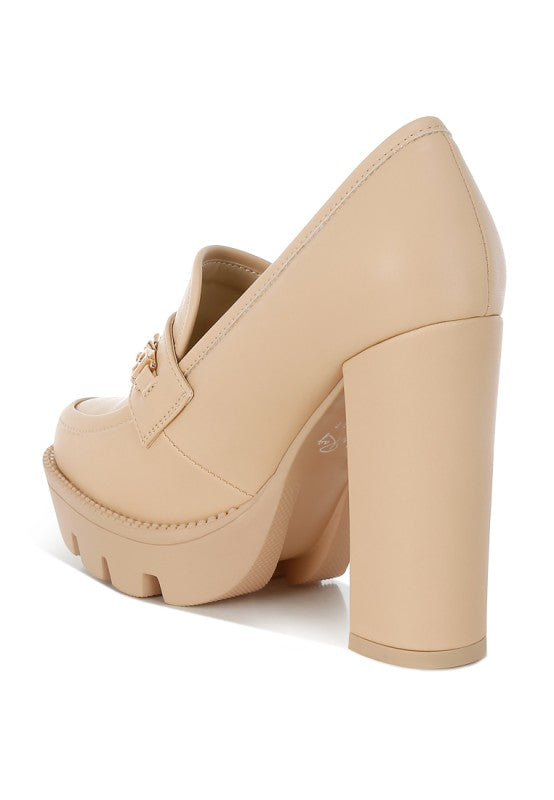 Chunky High Block Heeled Loafers, beige: Seitenansicht mit hohem Blockabsatz