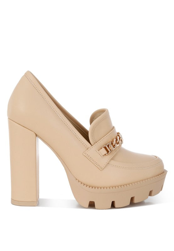 Chunky High Block Heeled Loafers, beige, Vorderansicht mit Plateau-Sohle