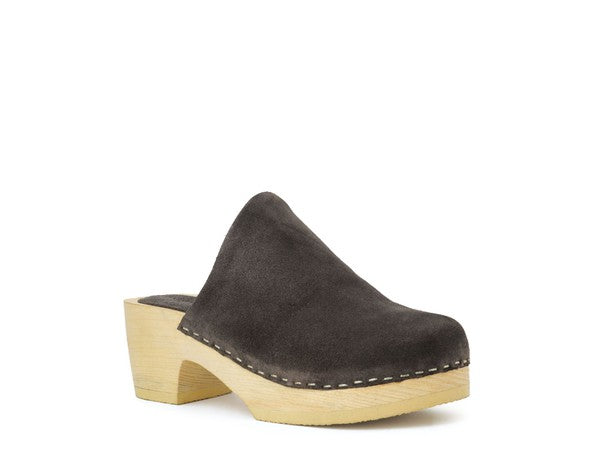 Rag & Co Darcie suede clogs mule, gray upper, wood-look block heel