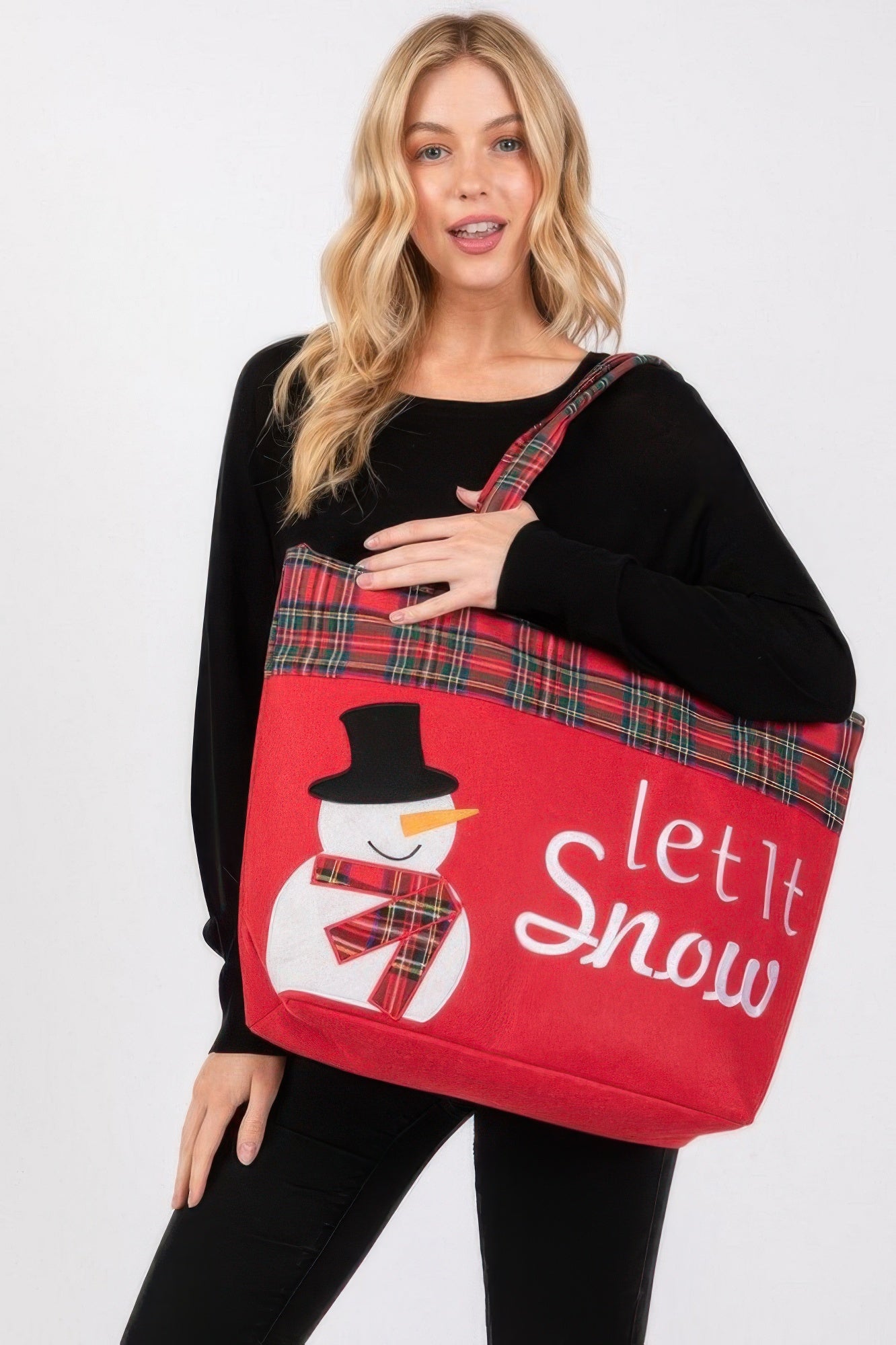 Let It Snow Schneemann-Tote Bag in Rot mit schwarzem Zylinder und karierten Trägern