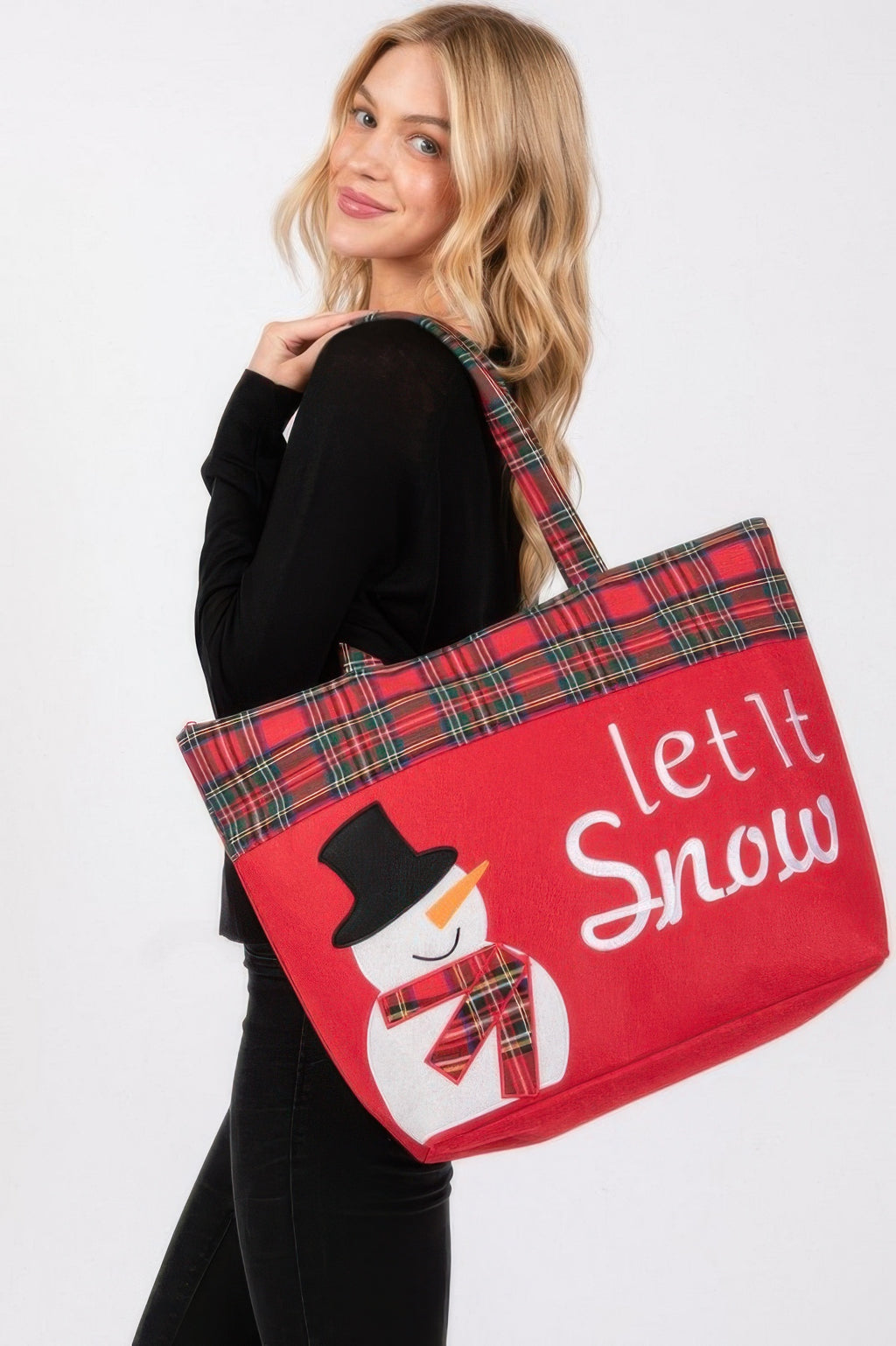 Rote Let It Snow Schneemann-Tote Bag mit breitem kariertem Schultergurt und Schriftzug