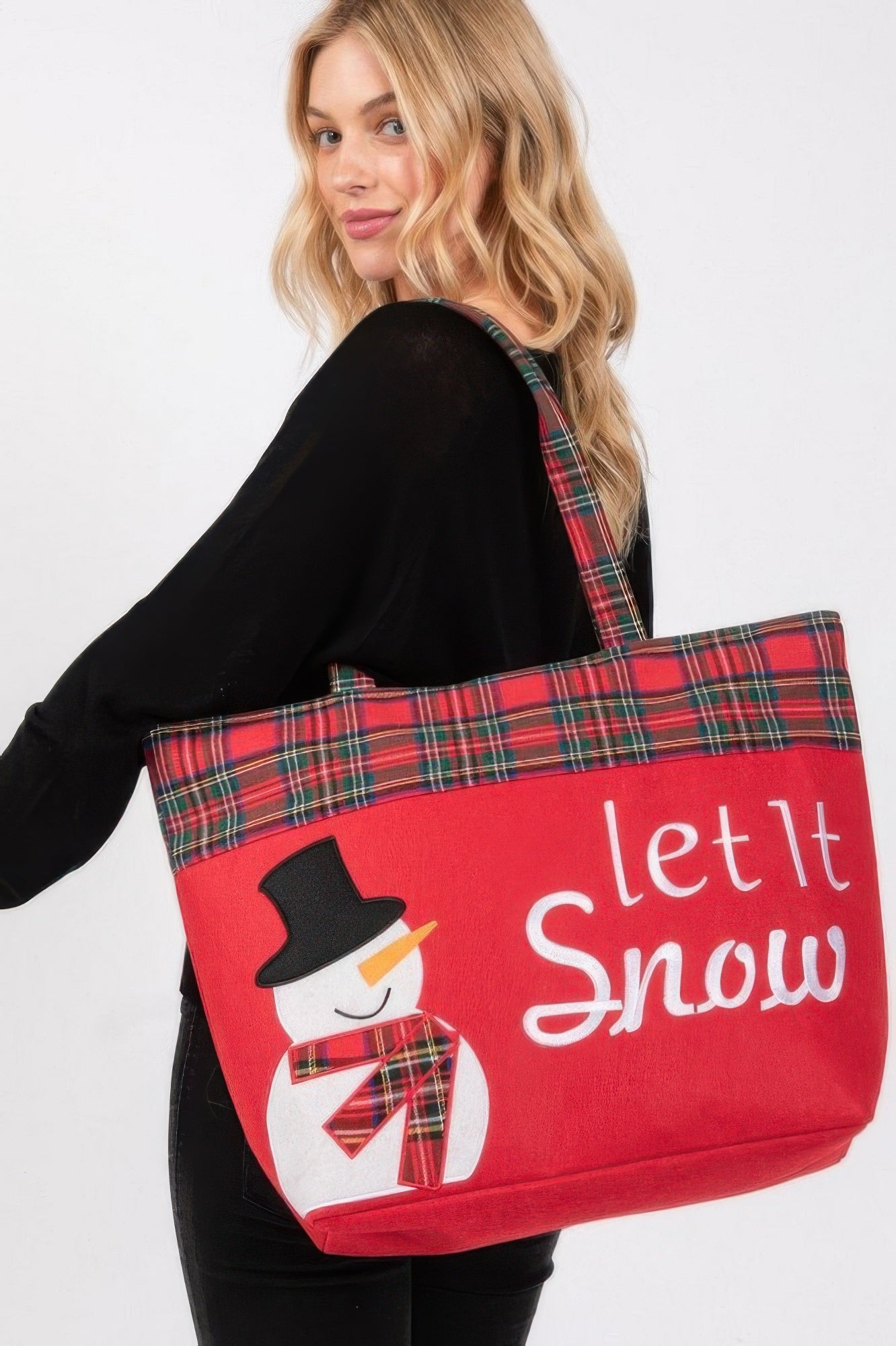 Let It Snow Tote Bag mit Schneemann-Motiv, roter Front und kariertem oberen Rand
