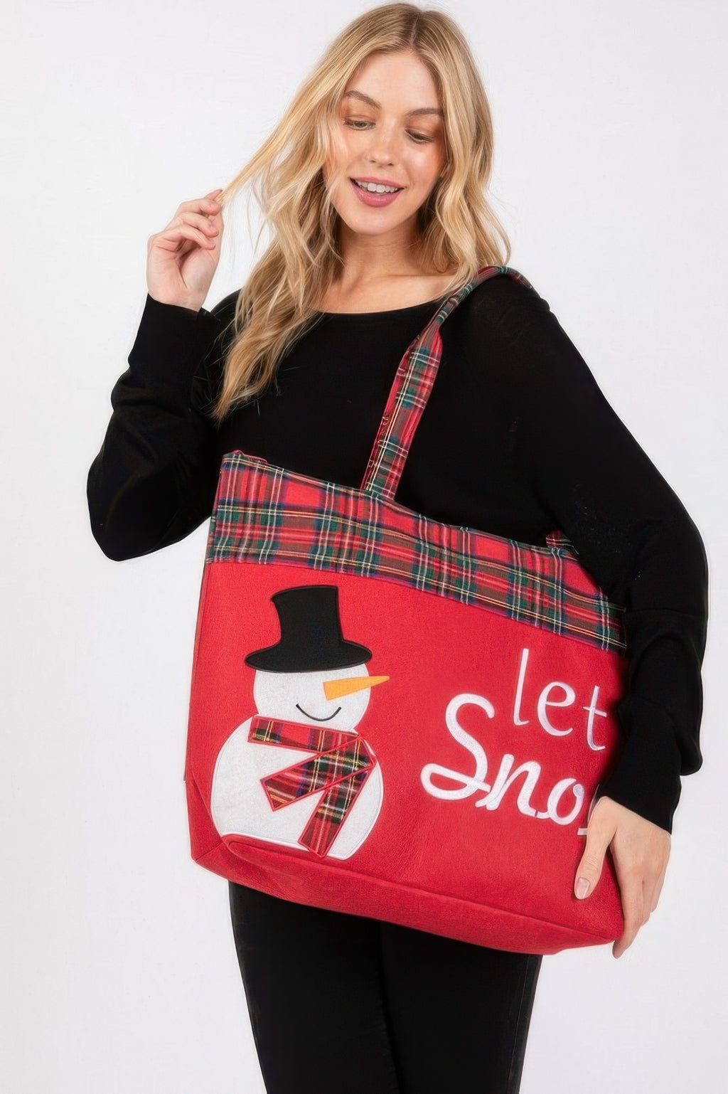 Rote Let It Snow Schneemann-Tote Bag, kariertes Trägerband und gerundeter Taschenboden
