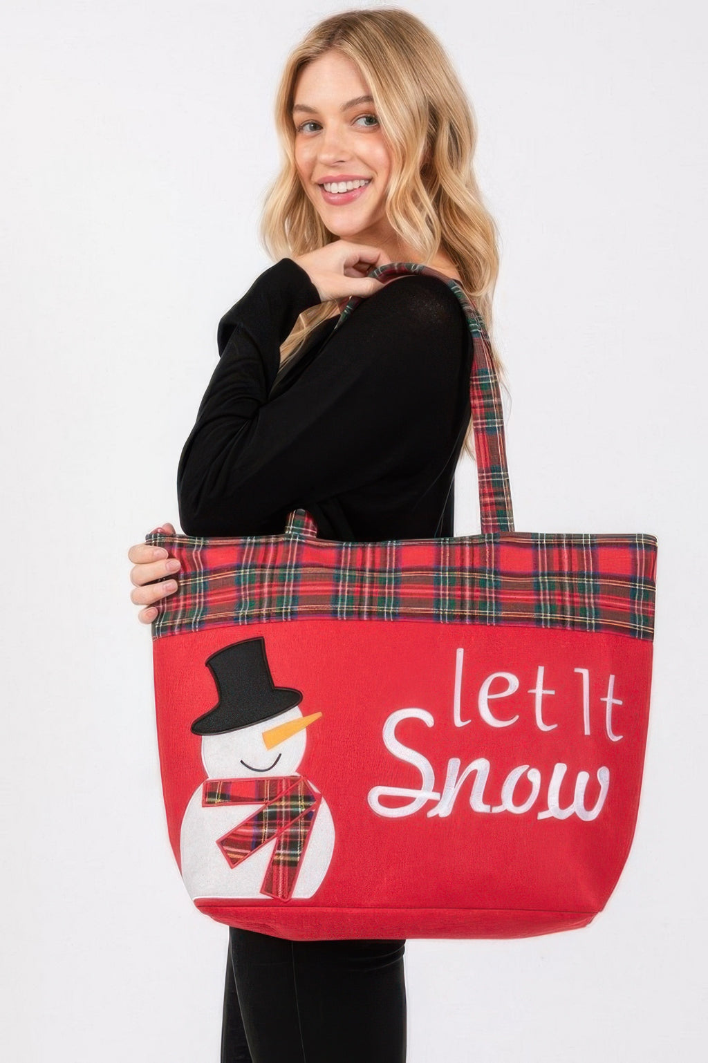 Große rote Tote Bag Let It Snow mit Schneemann-Print, karierten Griffen und Schriftzug