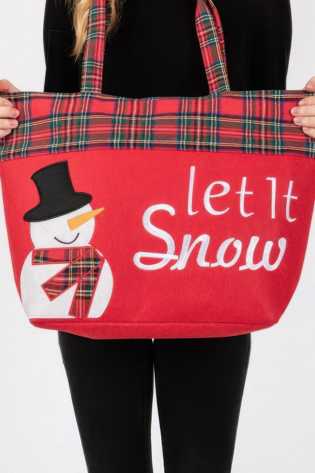 Detail der roten Let It Snow Tote Bag: Schneemann-Print, Schriftzug und kariertes Trägerband