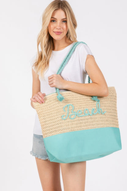 Sewn Rope And Strap Crochet Fabric Beach Tote - Tigbul's Variety Fashion Shop