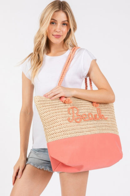 Sewn Rope And Strap Crochet Fabric Beach Tote - Tigbul's Variety Fashion Shop