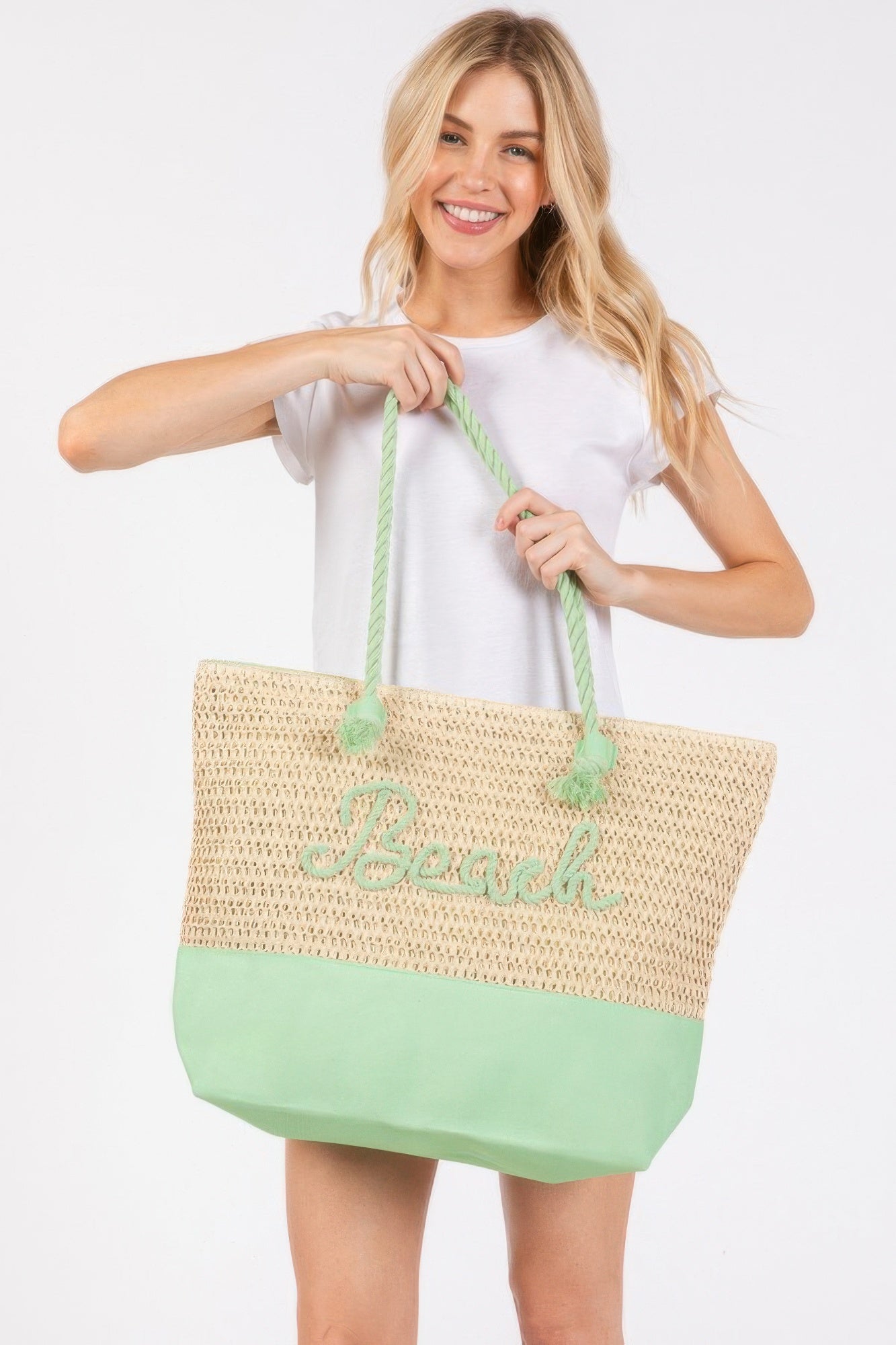 Crochet beach tote, beige crochet with mint-green bottom, rope handles and “Beach” print