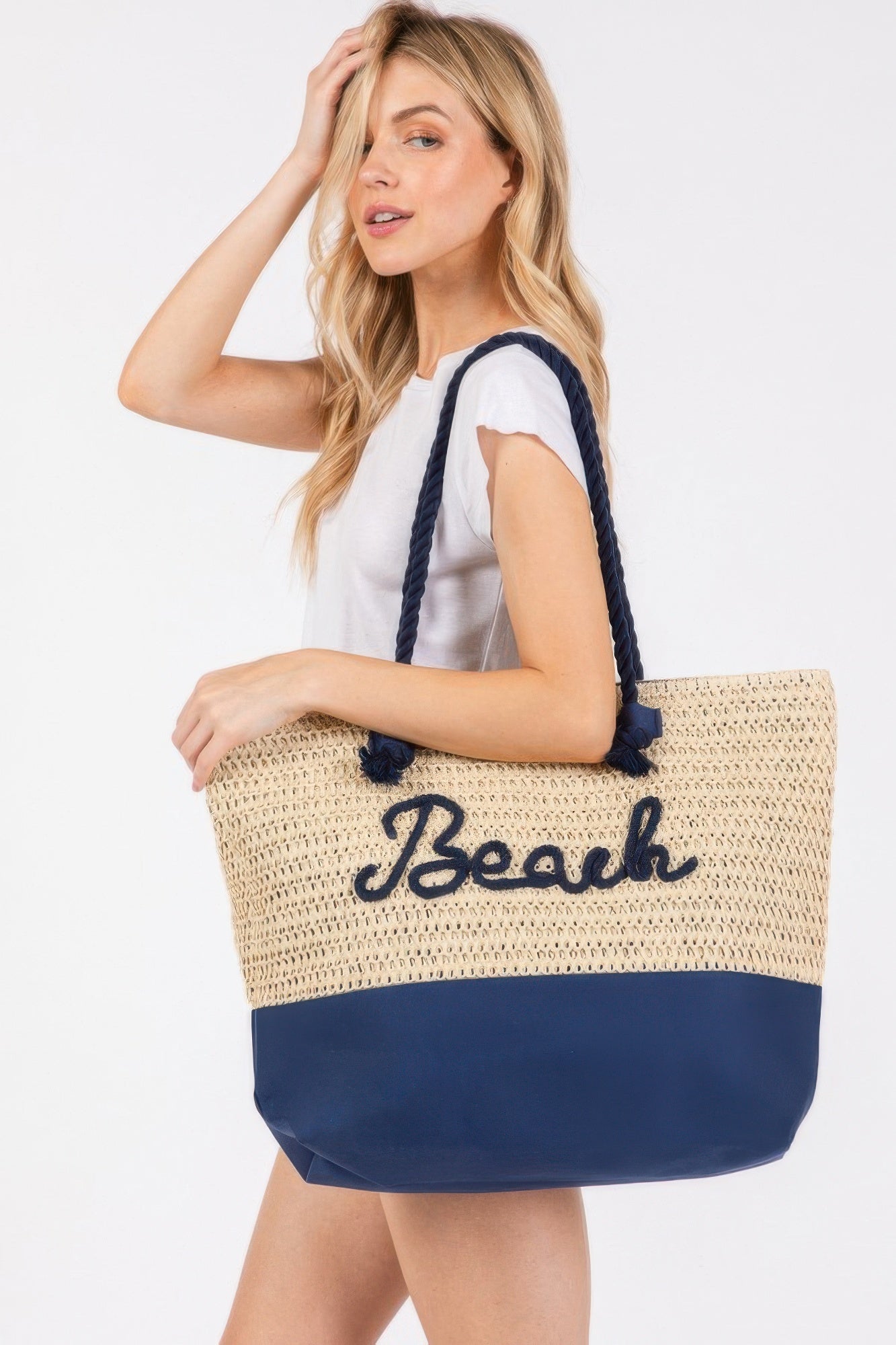 Crochet beach tote, beige crochet with navy bottom, braided rope handles and “Beach” print
