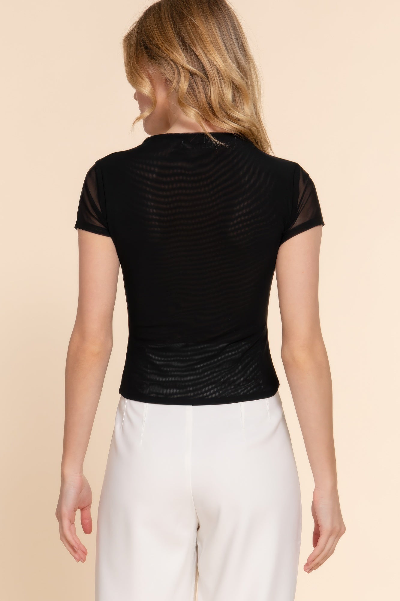Black back view: high-neck 2-ply mesh top with short cap sleeves, fitted fit.