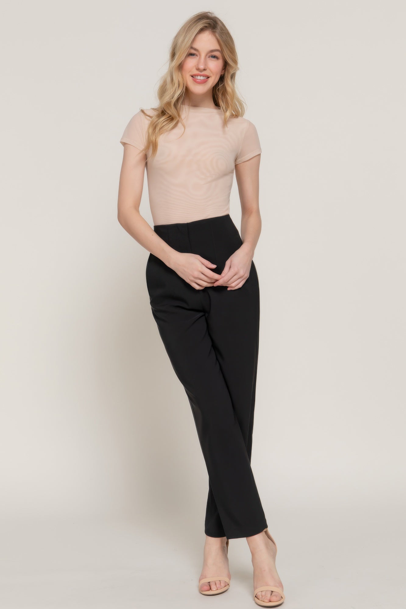 2-ply mesh top with high neck and short cap sleeves, light beige