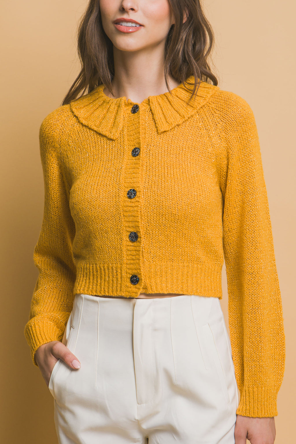 Mustard knit short sweater with ribbed collar, button front, long sleeves