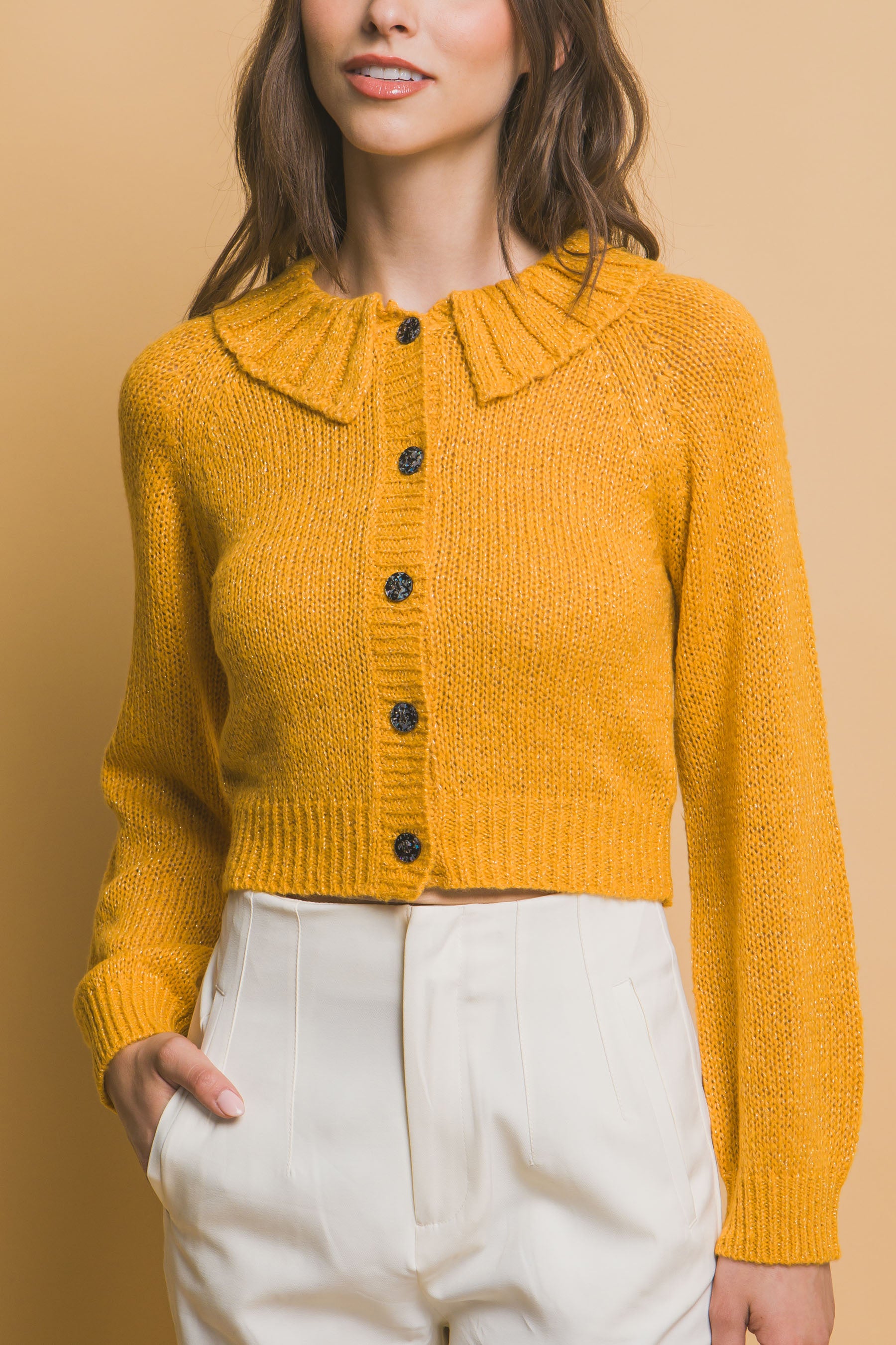 Mustard knit short sweater with ribbed collar, button front, long sleeves
