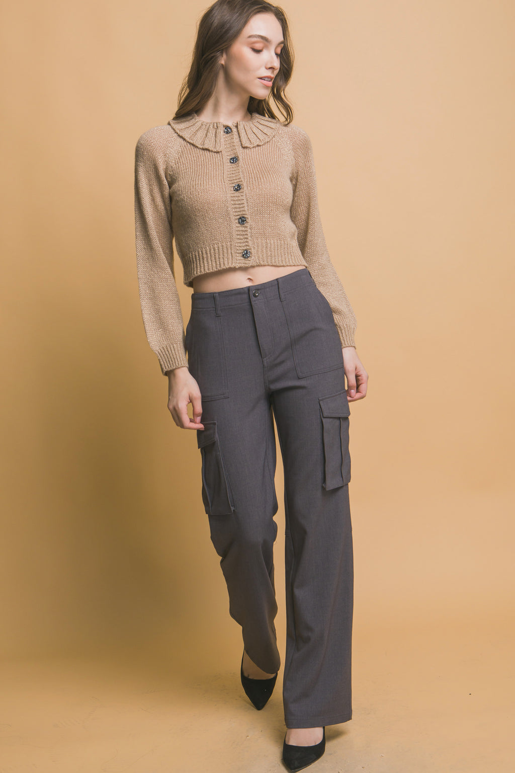 Khaki short knit sweater with ribbed collared neckline and button front