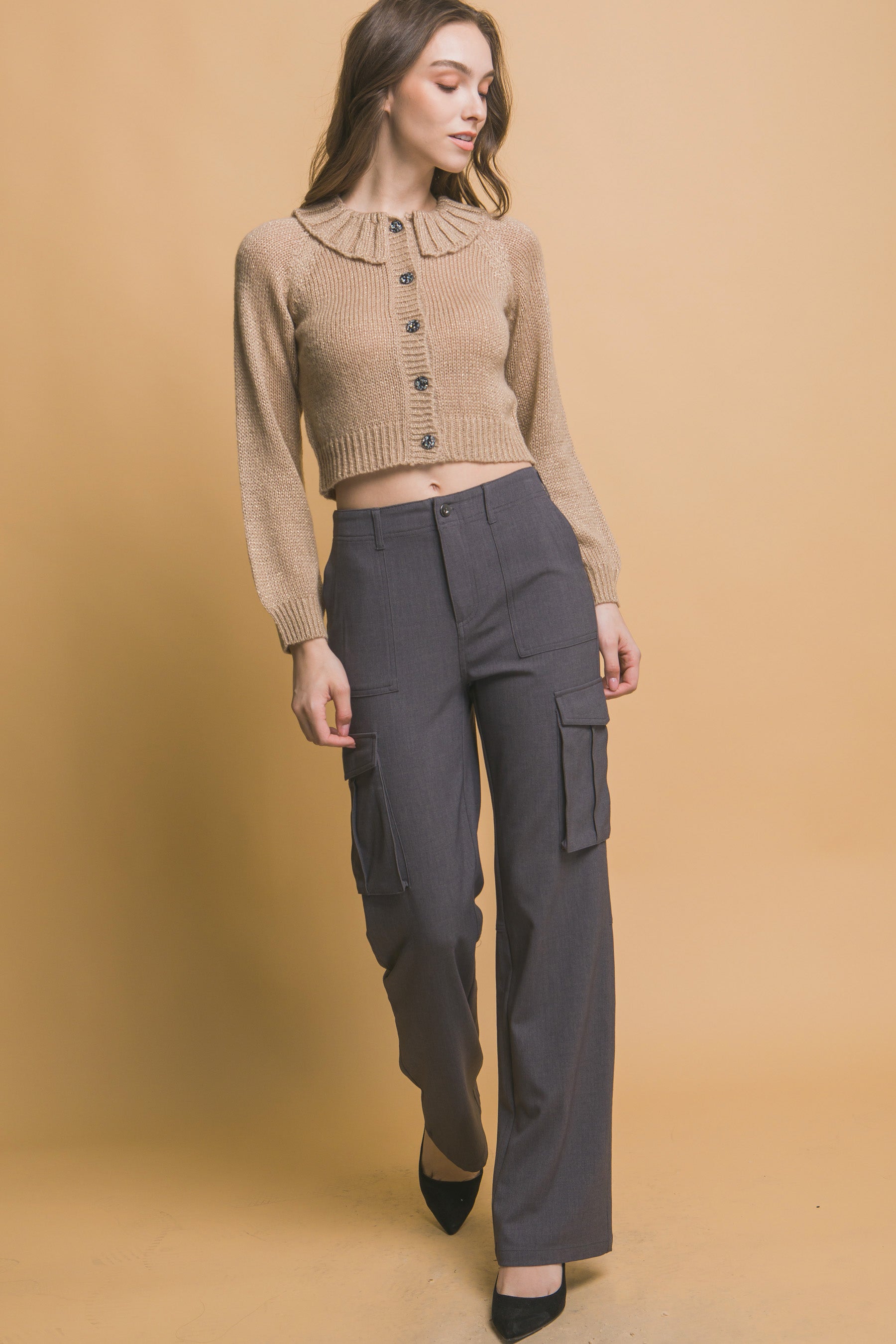 Khaki short knit sweater with ribbed collared neckline and button front