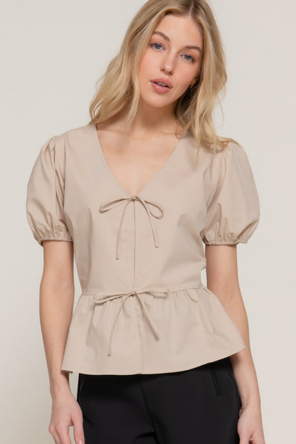 Short Puff Slv Tied Popline Top - Tigbul's Variety Fashion Shop