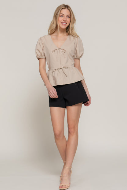 Short Puff Slv Tied Popline Top - Tigbul's Variety Fashion Shop