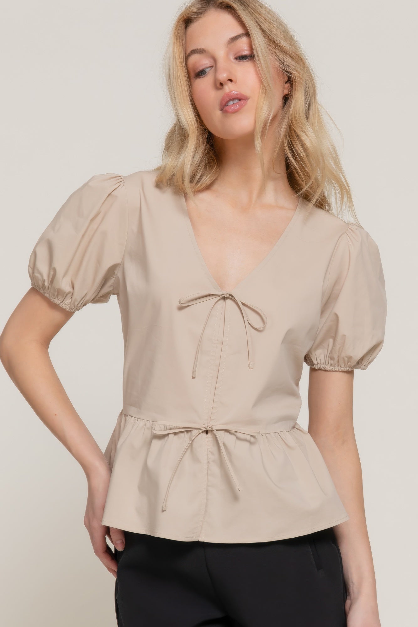 Short Puff Slv Tied Popline Top - Tigbul's Variety Fashion Shop