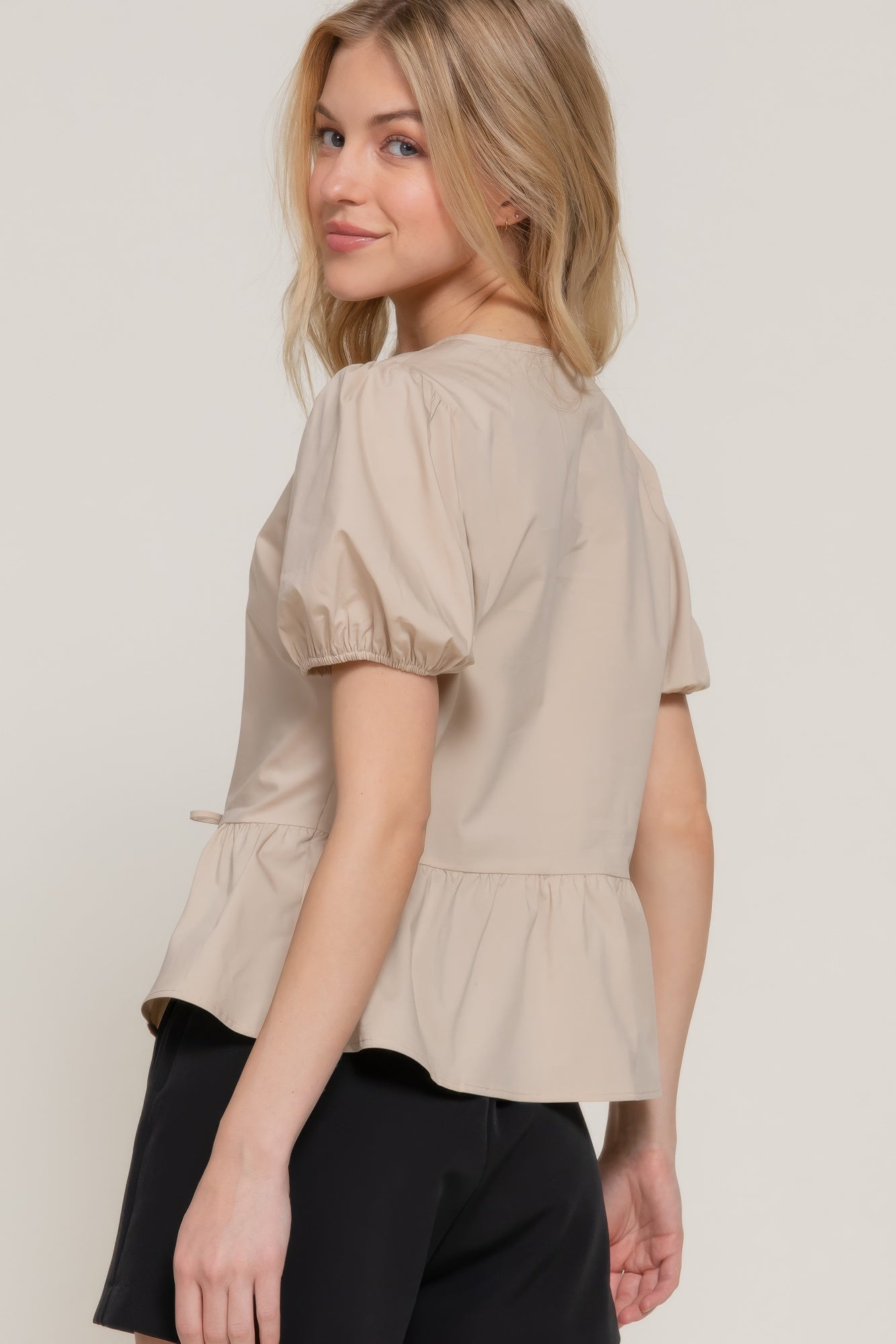 Short Puff Slv Tied Popline Top - Tigbul's Variety Fashion Shop