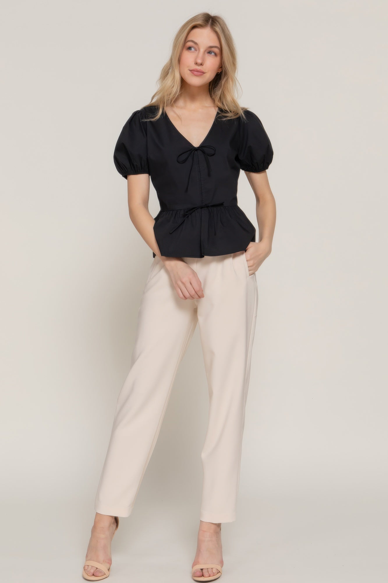 Short Puff Slv Tied Popline Top - Tigbul's Variety Fashion Shop