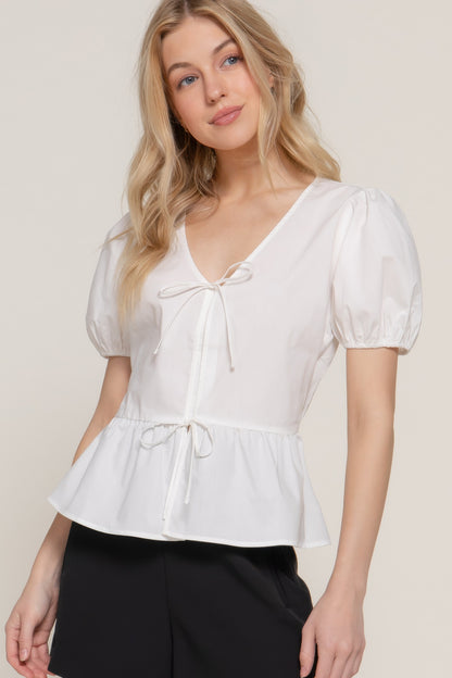 Short Puff Slv Tied Popline Top - Tigbul's Variety Fashion Shop