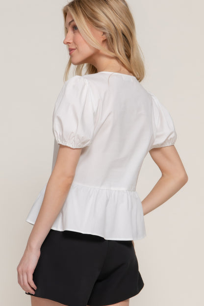 Short Puff Slv Tied Popline Top - Tigbul's Variety Fashion Shop