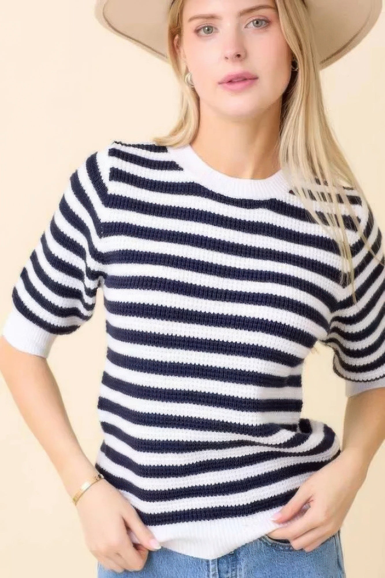 Short Sleeve Stripe Knit Sweater Top in white with navy stripes, crew neck