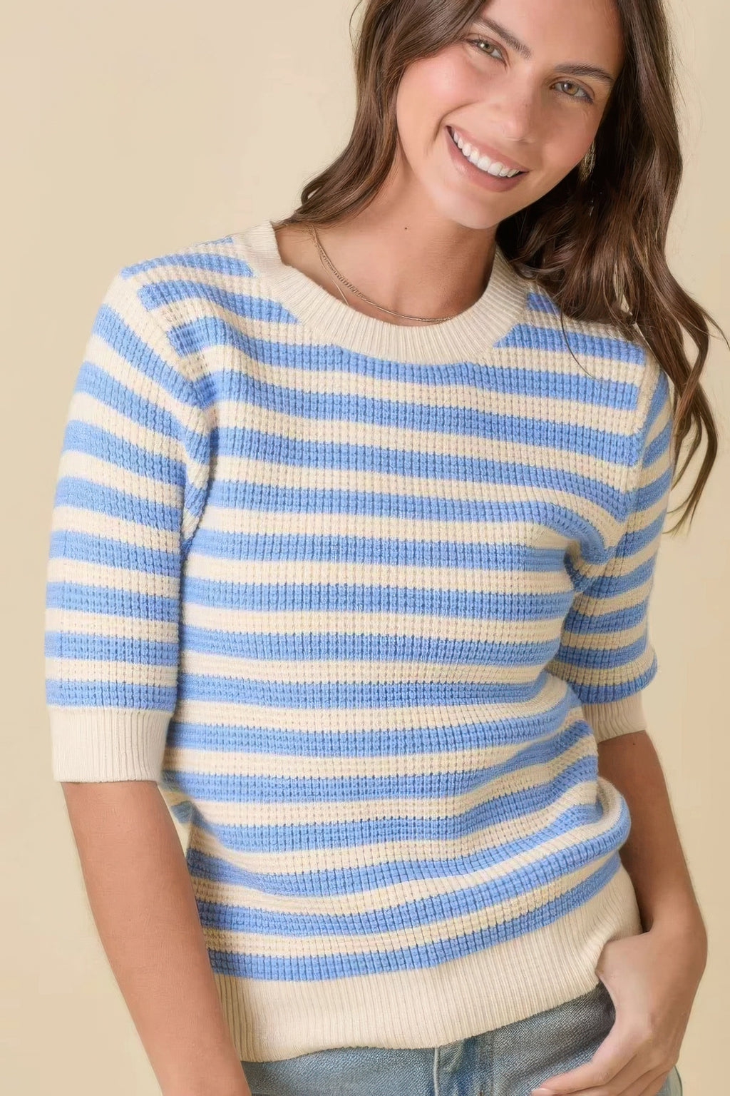 Short Sleeve Stripe Knit Sweater Top in cream with blue stripes, crew neck