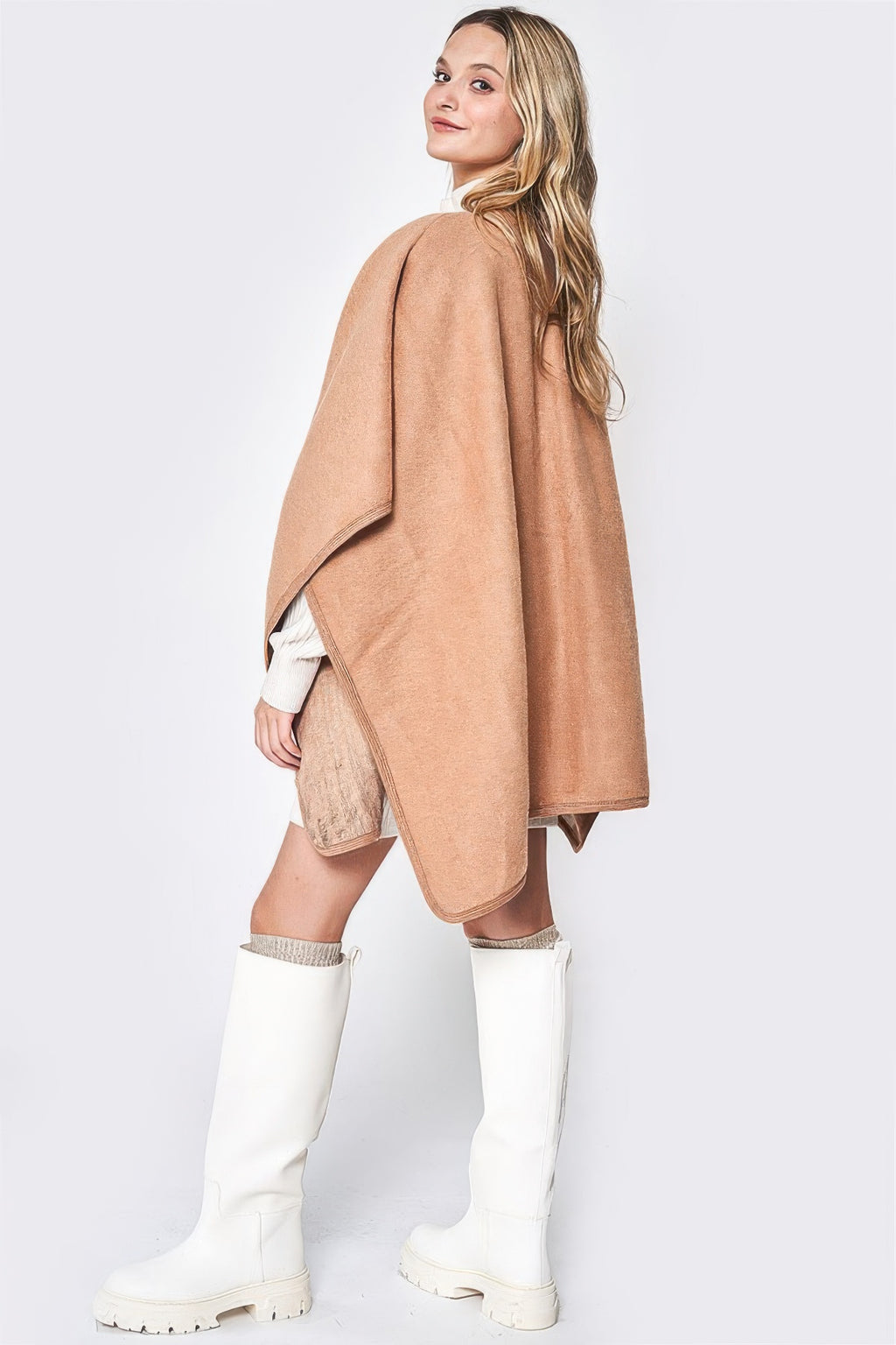 Camel-brown Side Border Ruana with striped side panels and draped silhouette