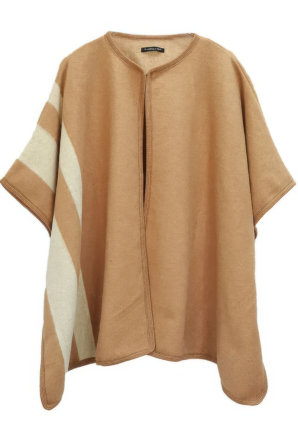 Camel-brown Side Border Ruana poncho with zip front and cream side stripe