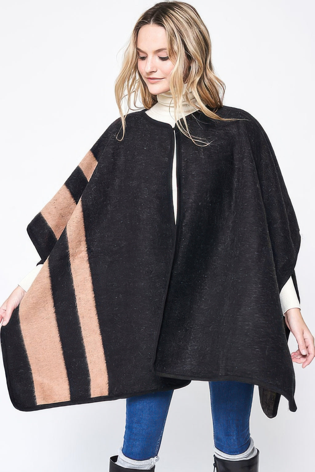 Black Side Border Ruana with tan-and-cream vertical stripe and open zipper