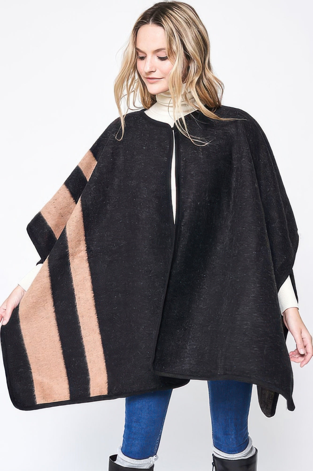 Black Side Border Ruana with tan-and-cream vertical stripe and open zipper