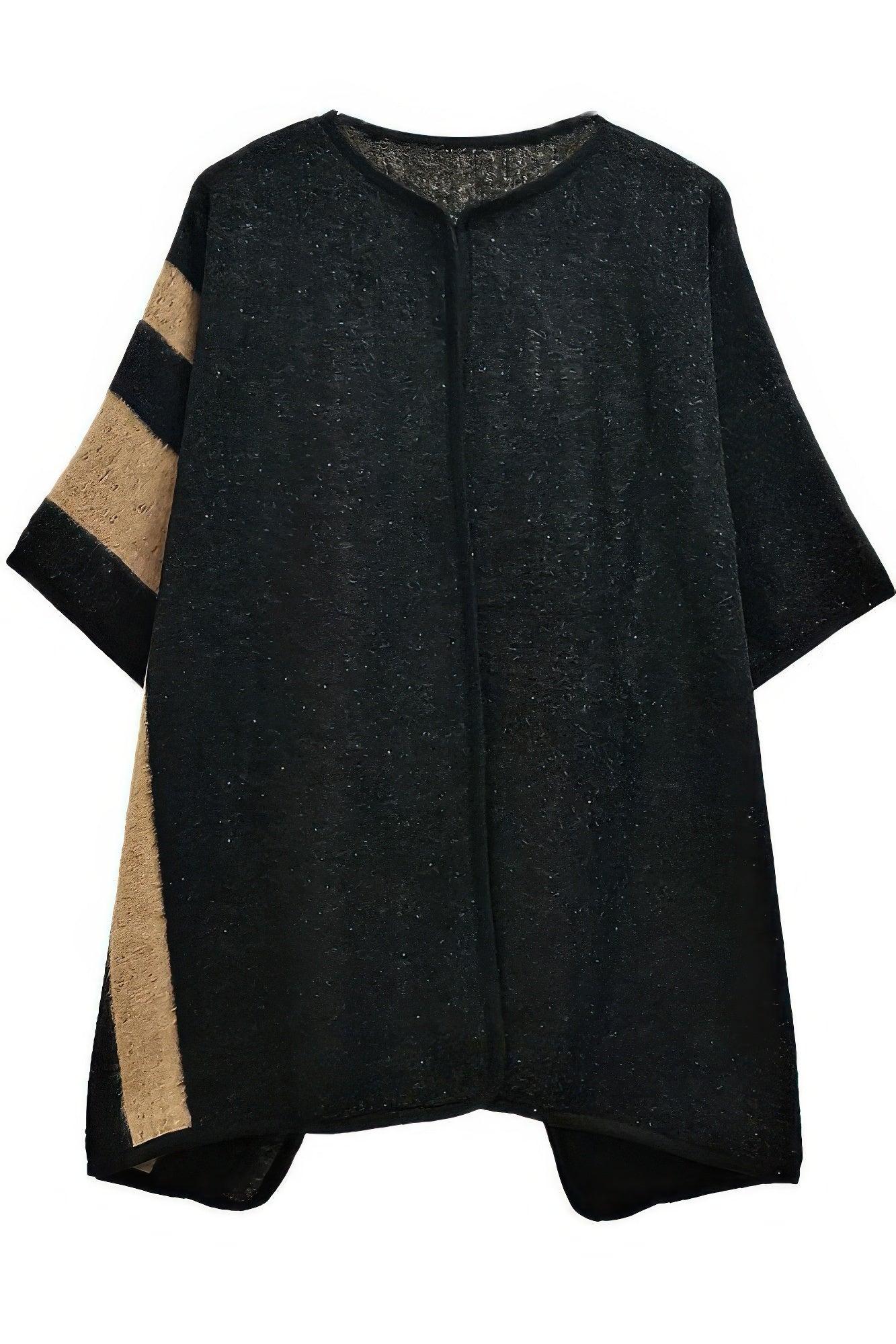 Black Side Border Ruana with tan side panel stripe and zip-up front