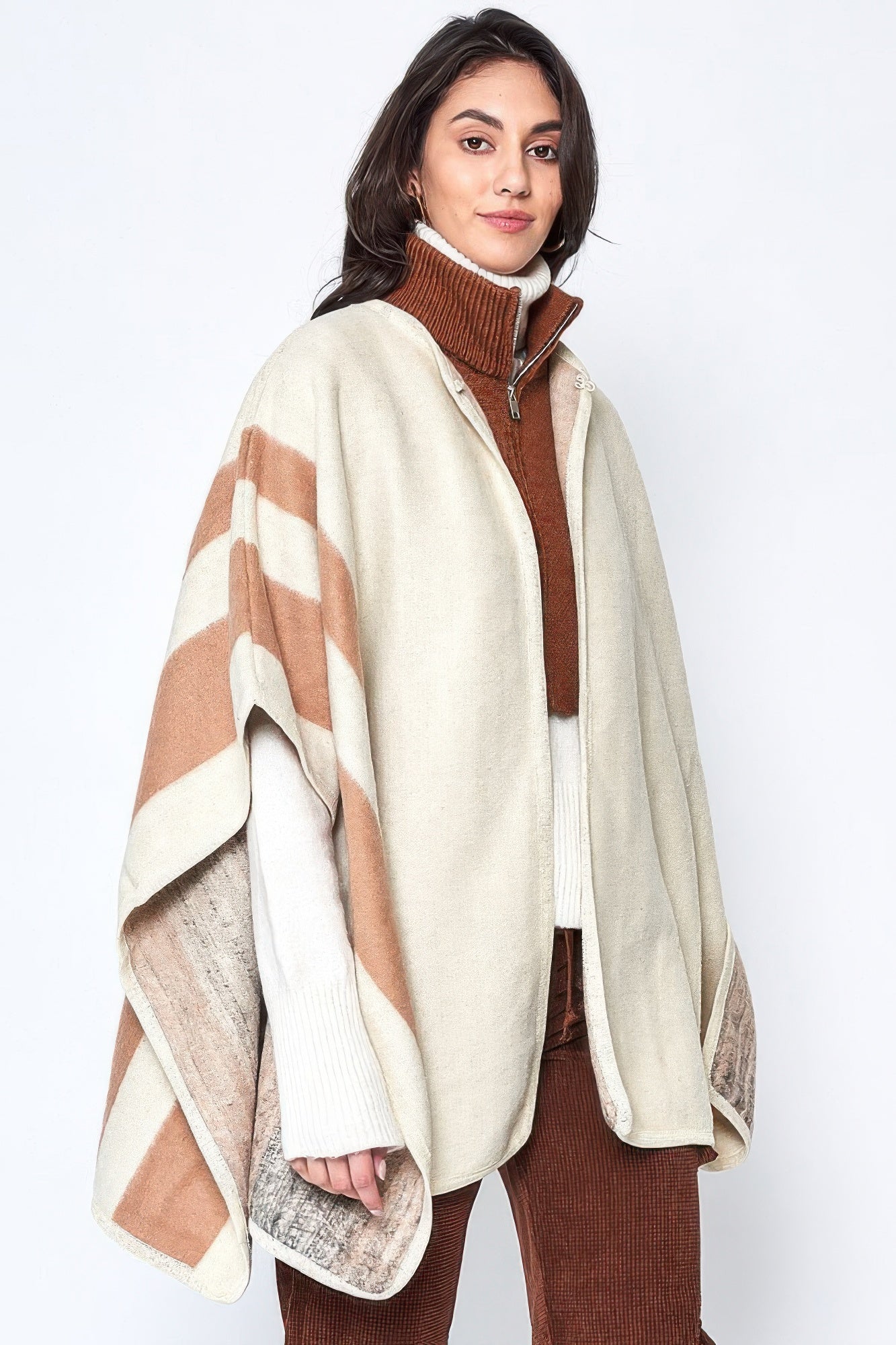 Ivory Side Border Ruana with brown side blocks and wide draped sleeves