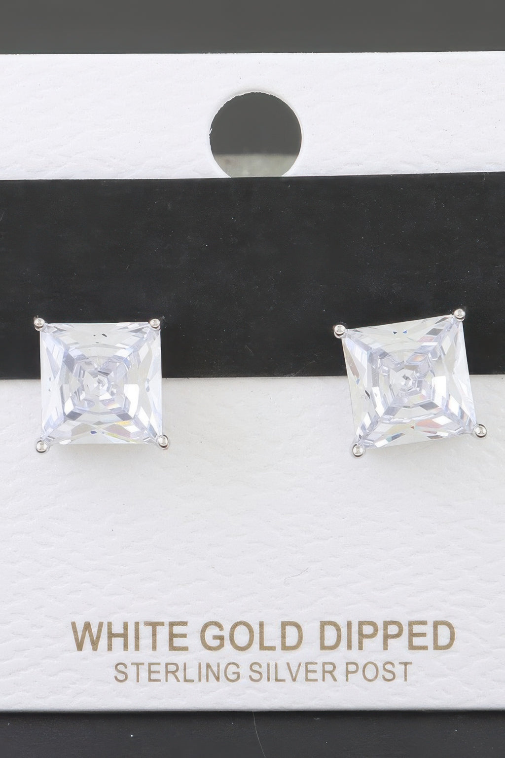 Square cubic zirconia stud earrings, silver posts, clear crystal in square bezel