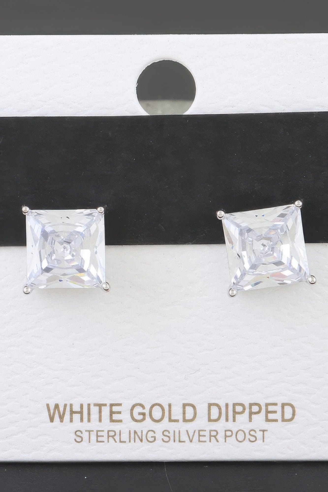 Square cubic zirconia stud earrings, silver posts, clear crystal in square bezel