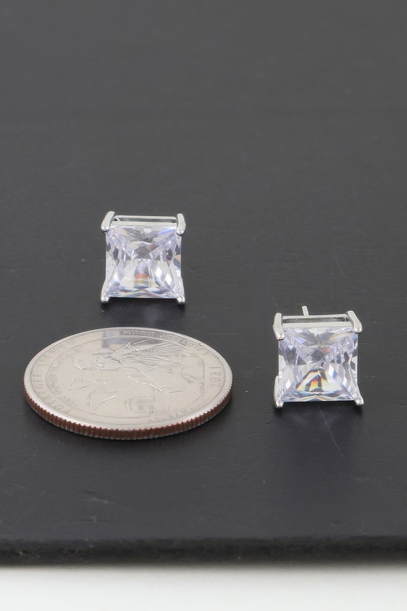 Square cubic zirconia stud earrings, clear stones, silver-toned square prong bezels