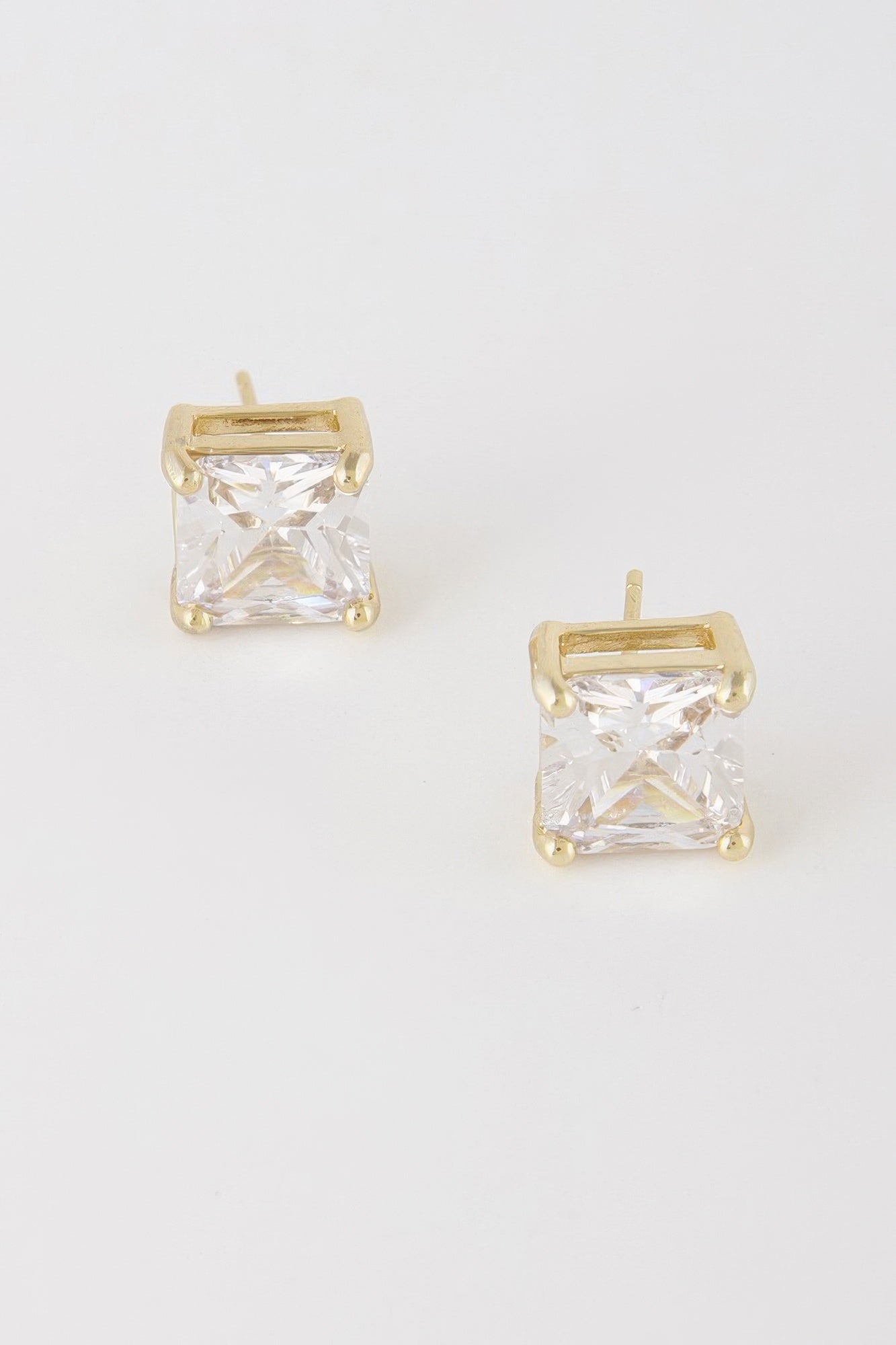Square cubic zirconia stud earrings, gold tone setting, clear crystal, square bezel