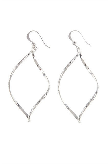 Silver twisted drop earrings with dangling teardrop charm and small hook closure
