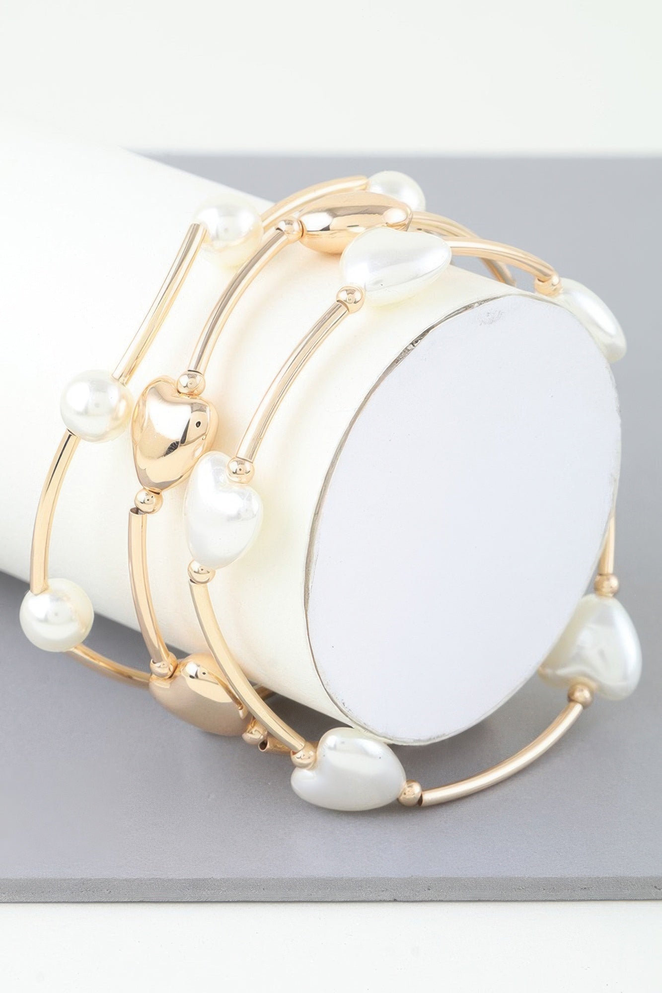 Simple Heart beaded wrap bracelet, silver-tone with pearl-like beads and heart charms