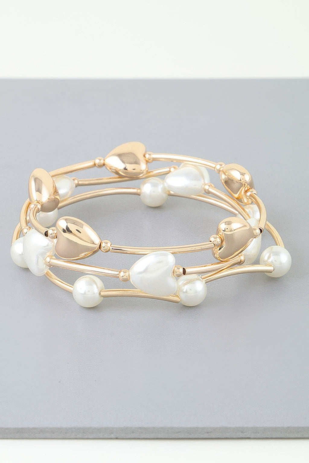 Heart beaded wrap bracelet, gold-tone with cream pearl-like beads in stacked bands