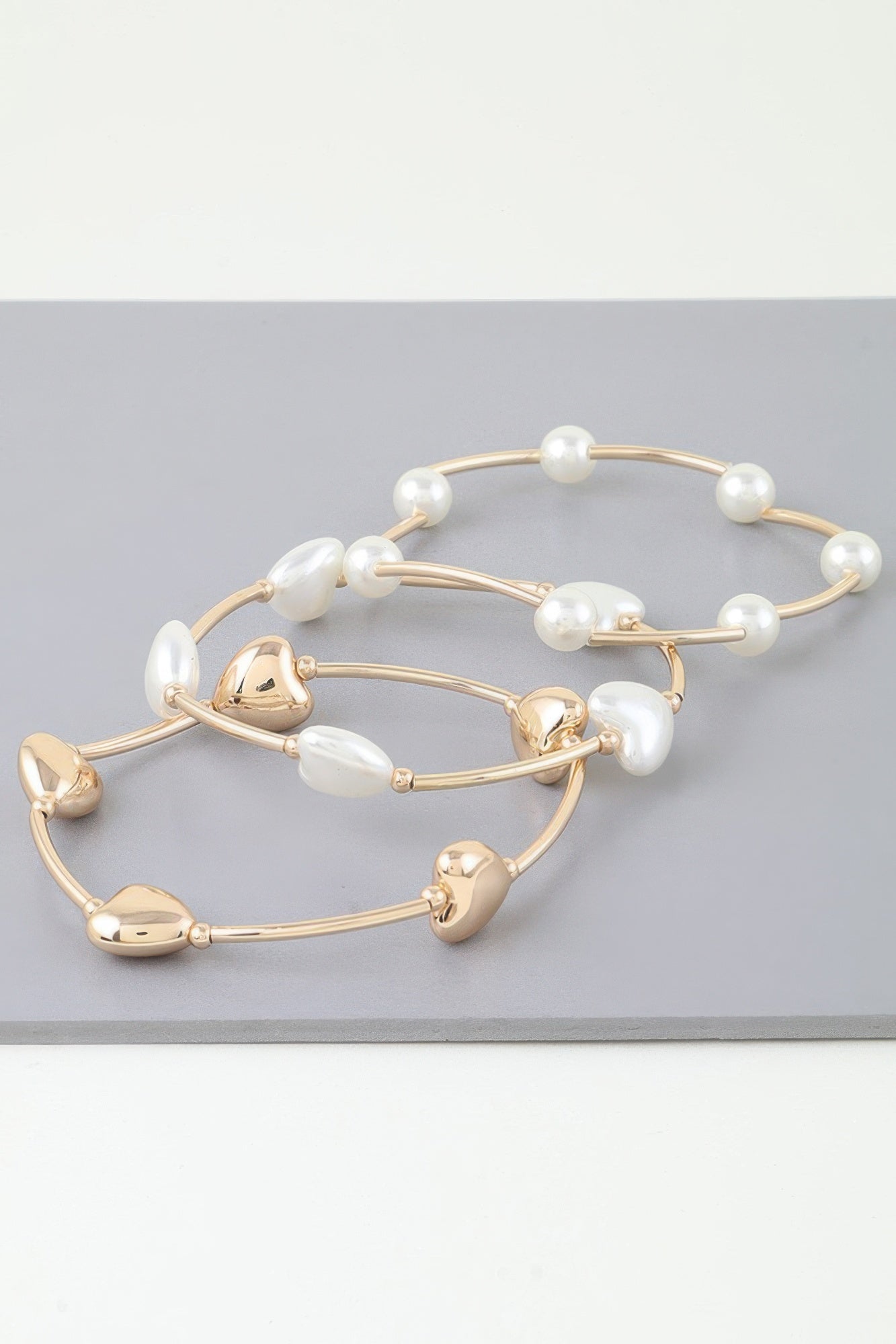 Heart beaded wrap bracelet, gold-tone with pearl-like beads and small heart accents