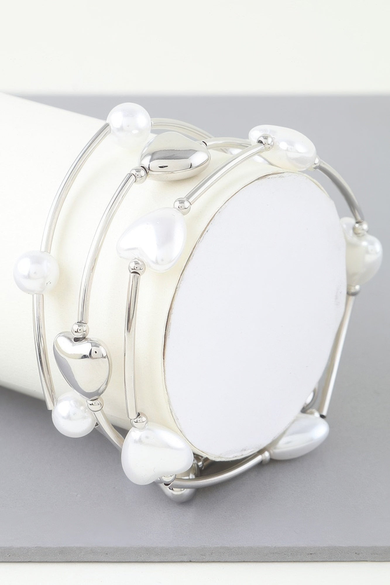 Heart beaded wrap bracelet, silver-tone with pearl-like beads and heart-shaped center