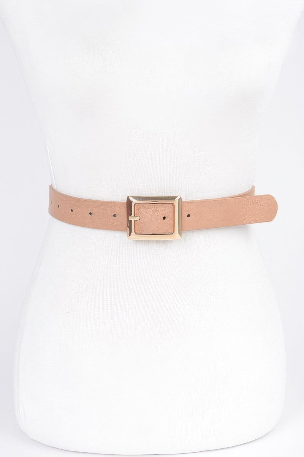 Camel faux leather belt with square buckle and gold-tone frame, one prong